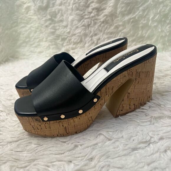 Franco Sarto Damara Platform Slide Sandal Black Peep toe Chunky cork Heel sz6.5M - Picture 4 of 8